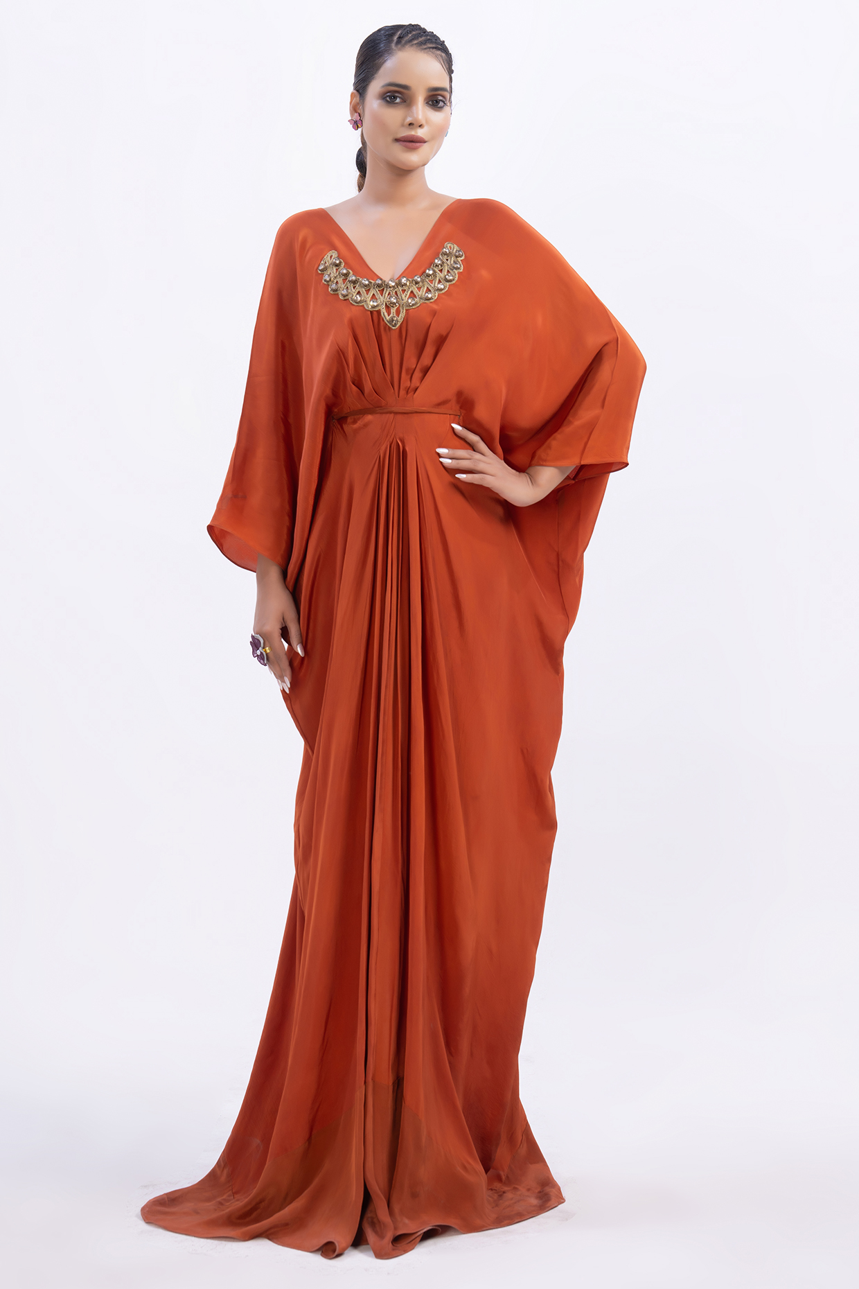 Rust Pure Crepe Cutdana Embellished Kaftan by Merge Design at Pernia's Pop Up Shop