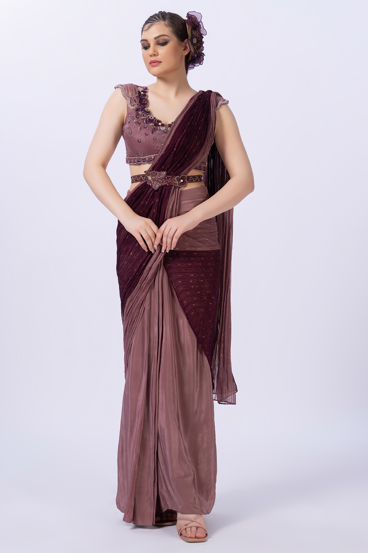 Wine Self-Textured Georgette Color Blocked Pre-Stitched Party Wear Saree Set by Merge Design at Pernia's Pop Up Shop