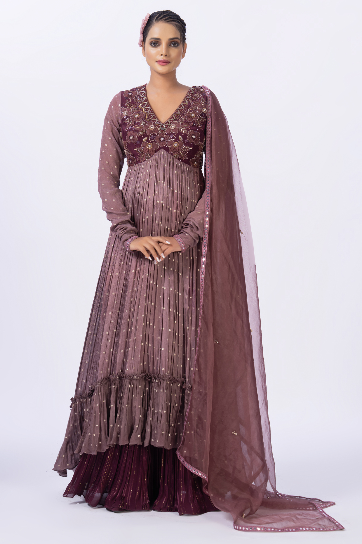 Wine Chiffon Thread Embellished Wedding Anarkali Set by Merge Design at Pernia's Pop Up Shop