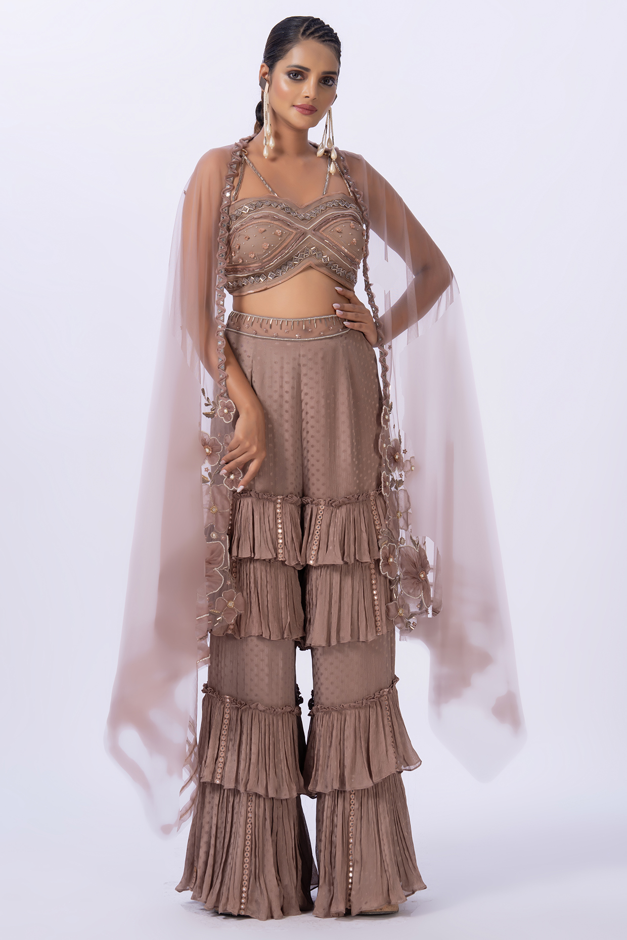 Beige Net Shrug Set by Merge Design at Pernia's Pop Up Shop