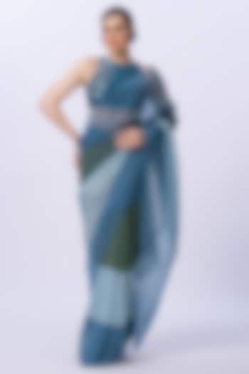 Blue & Green Chiffon Color Blocked Pre-Stitched Party Wear Saree Set by Merge Design at Pernia's Pop Up Shop