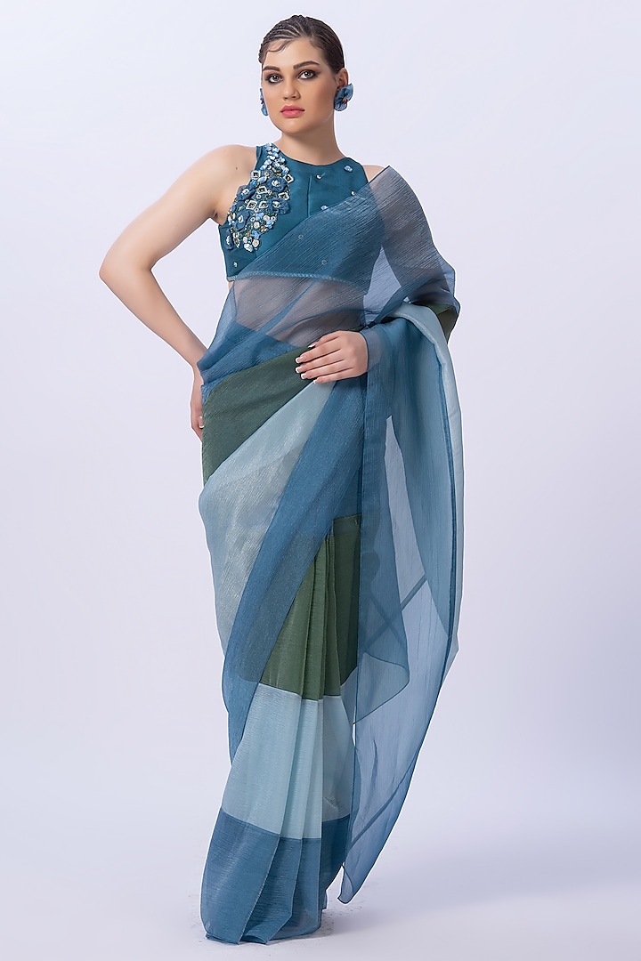 Blue & Green Chiffon Color Blocked Pre-Stitched Party Wear Saree Set by Merge Design at Pernia's Pop Up Shop
