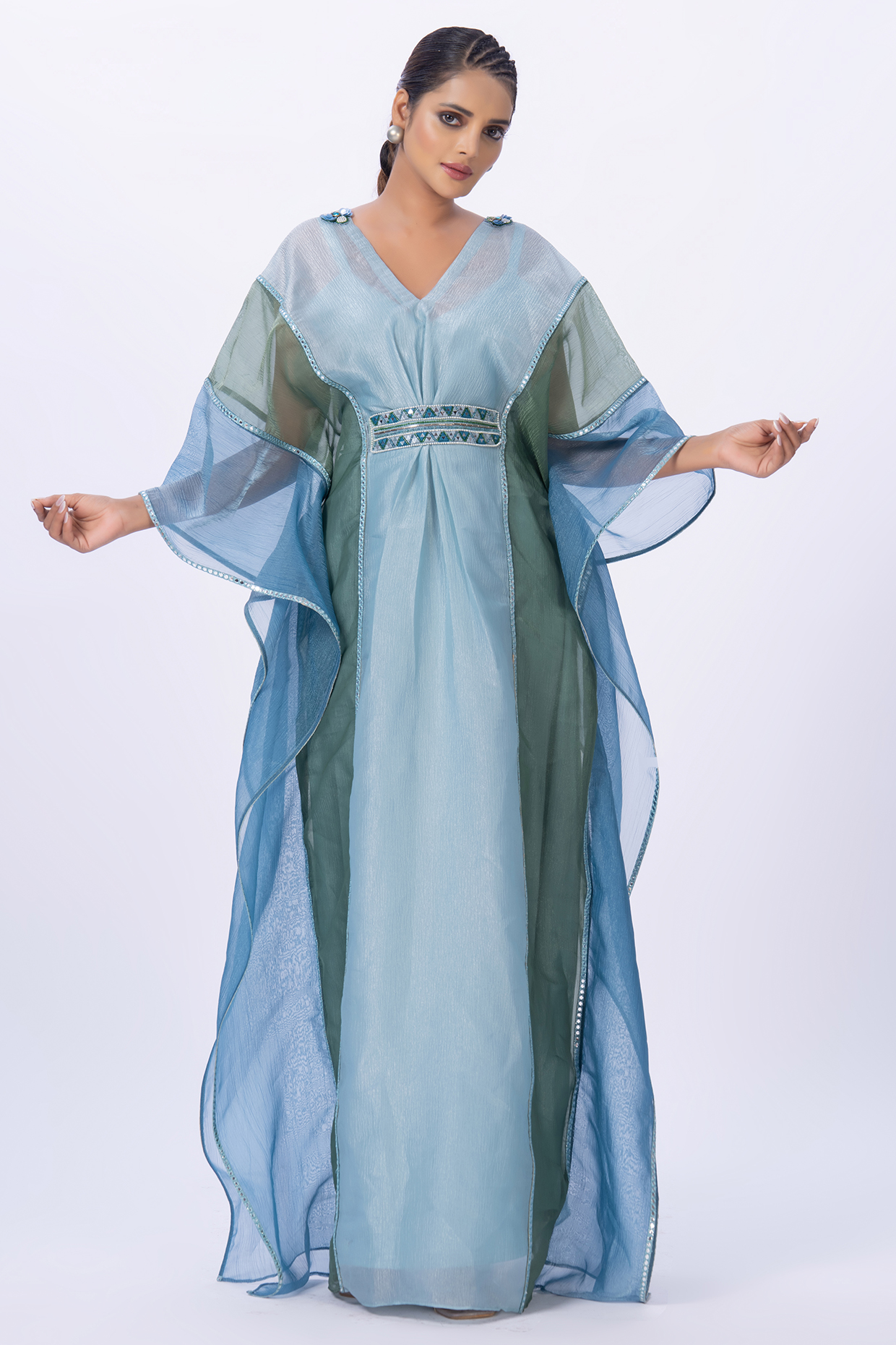 Blue Chiffon Color Blocked & Thread Work Kaftan With Belt by Merge Design at Pernia's Pop Up Shop