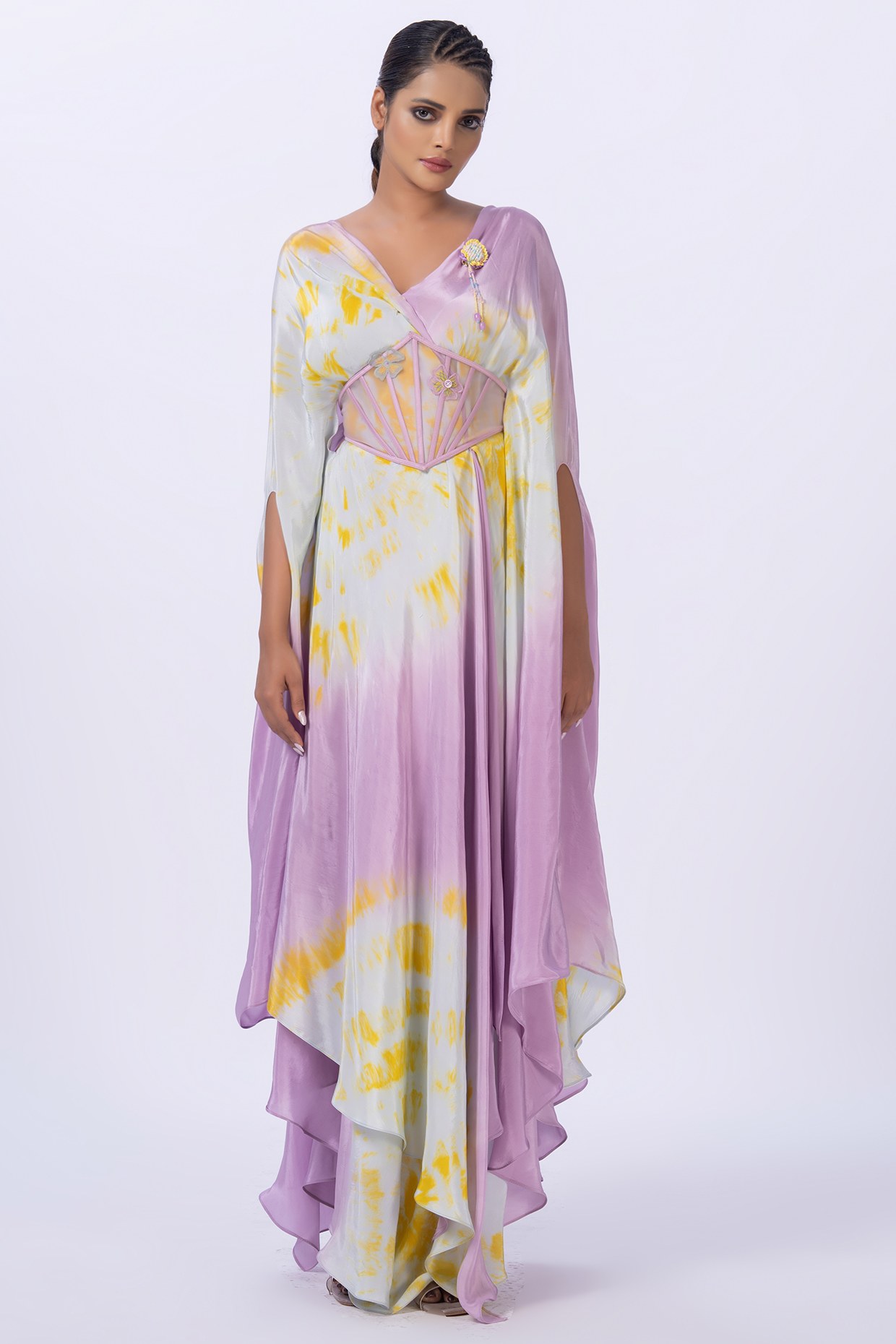 Lavender Crepe Tie-Dyed Kaftan With Corset Belt by Merge Design at Pernia's Pop Up Shop