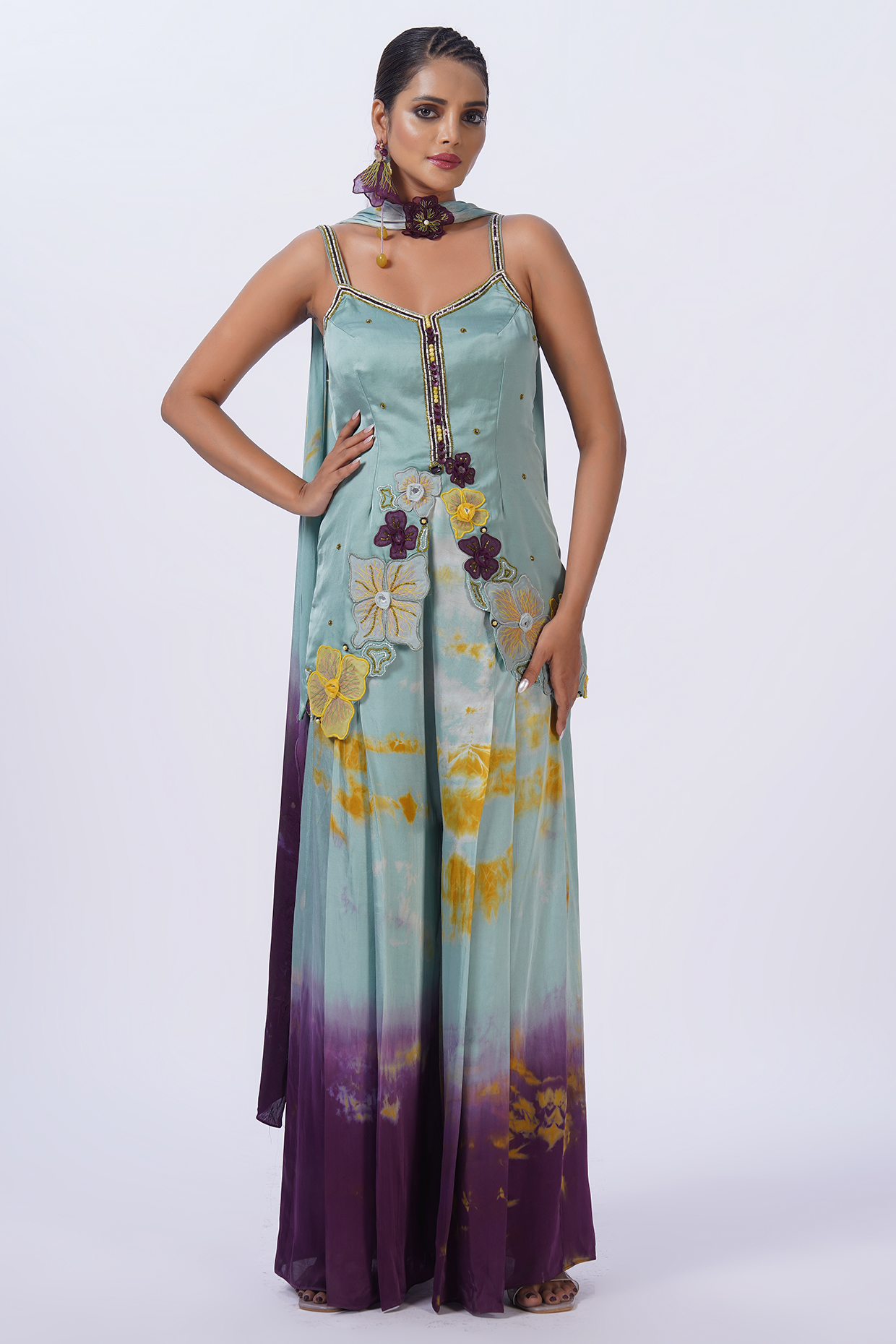 Green Ombre Modal Satin Applique Work & Tie-Dyed Kurta Set by Merge Design at Pernia's Pop Up Shop