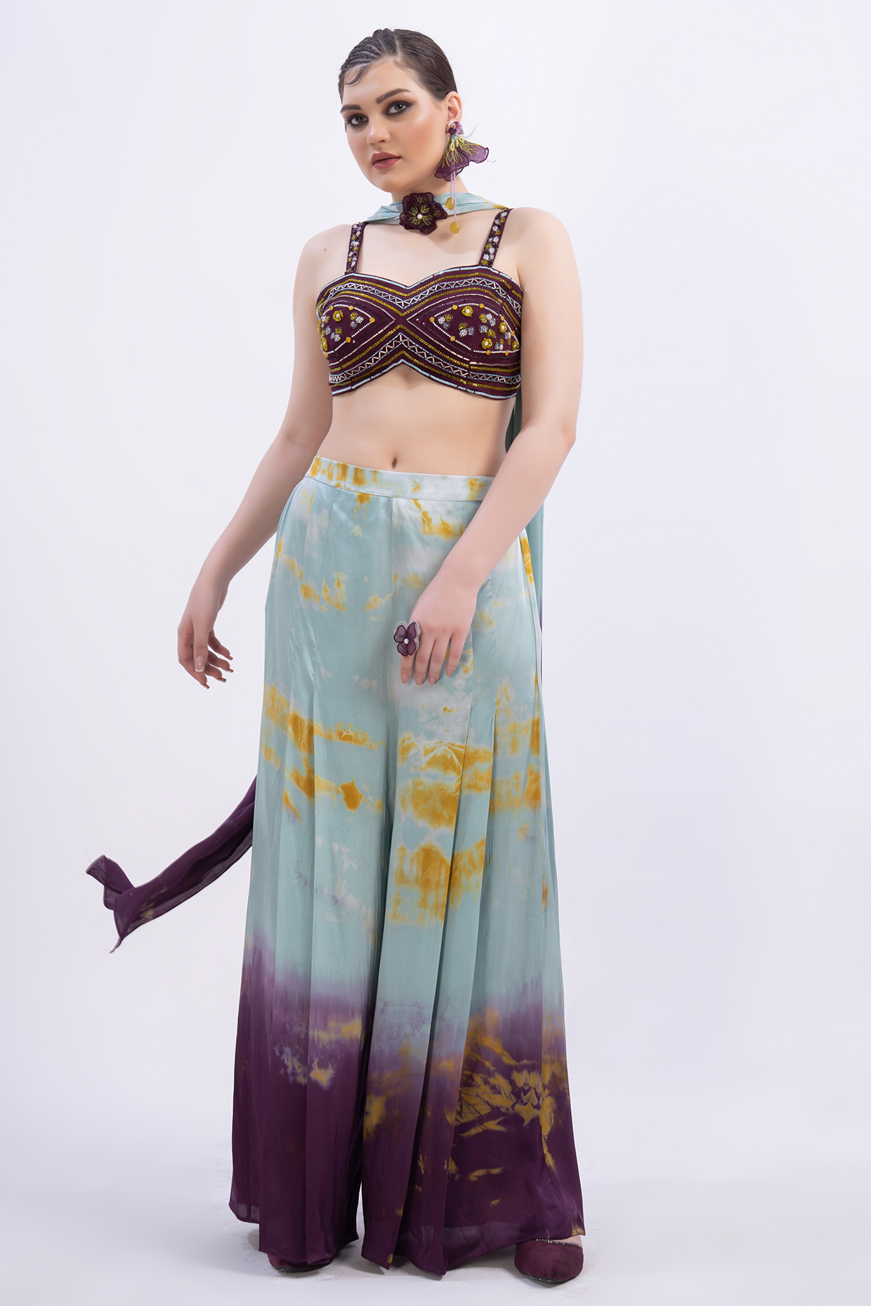 Green & Wine Modal Satin Pant Set by Merge Design at Pernia's Pop Up Shop
