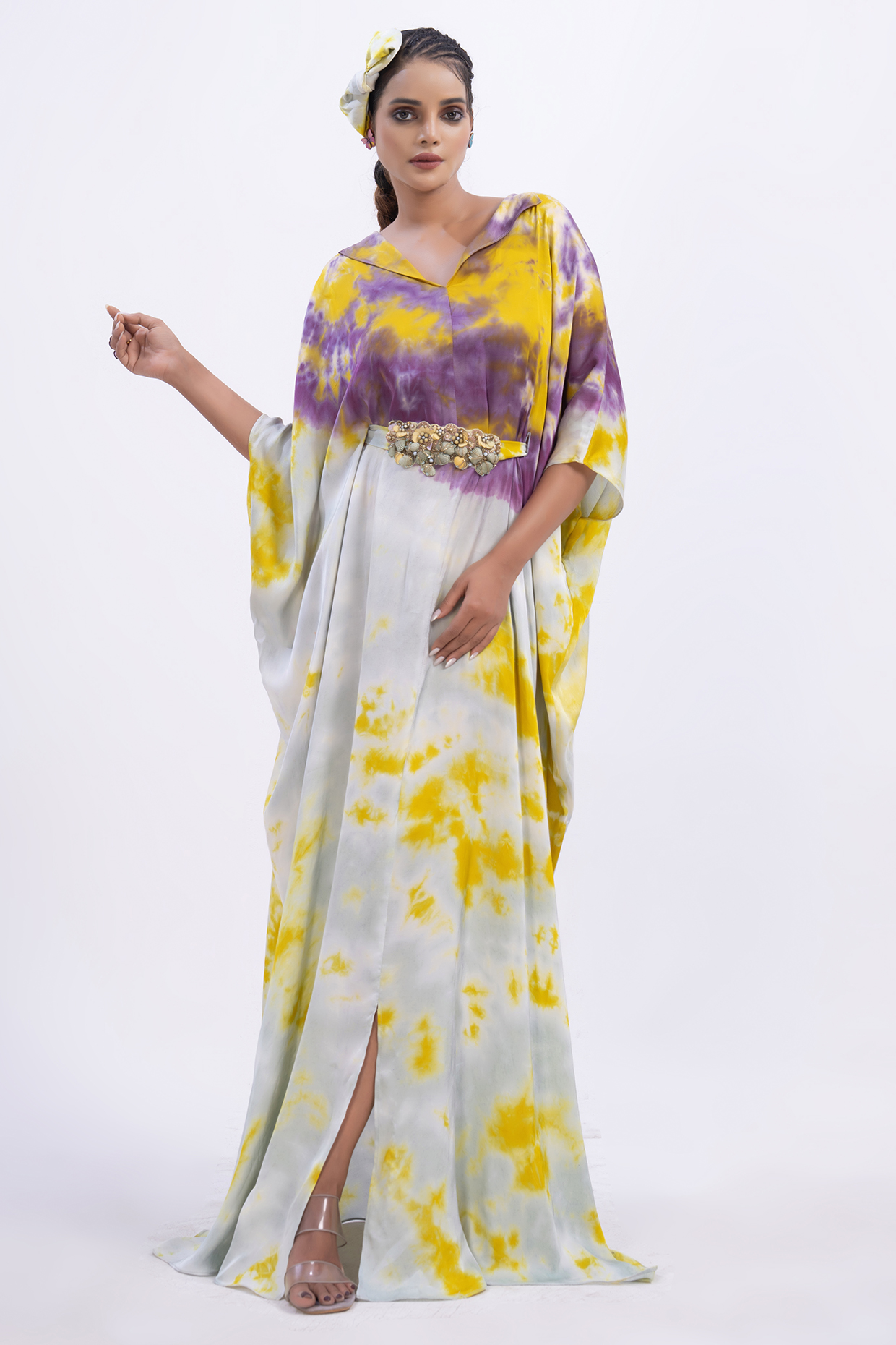 Green Modal satin Tie-Dyed Kaftan With Belt by Merge Design at Pernia's Pop Up Shop