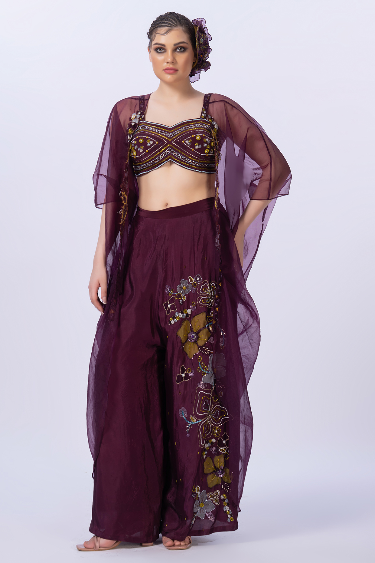 Wine Chiffon Sequins Work Shrug Set by Merge Design at Pernia's Pop Up Shop
