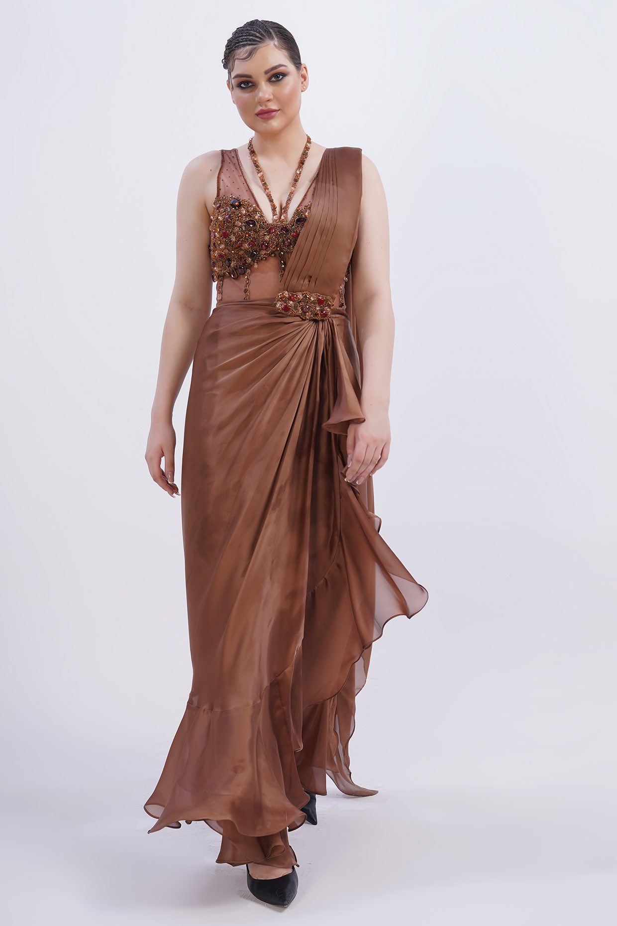 Beige Modal Satin Ruffled Skirt Wedding Saree Set by Merge Design at Pernia's Pop Up Shop