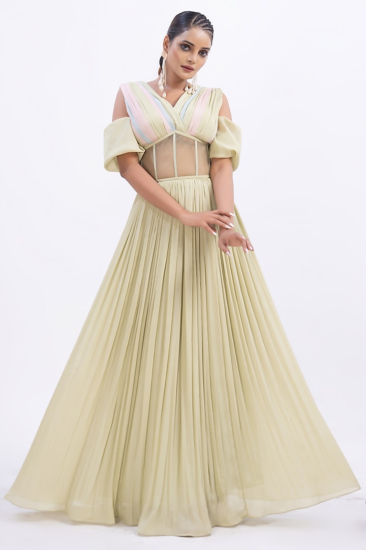 Green Chiffon Corset Maxi Vacation Dress by Merge Design at Pernia's Pop Up Shop