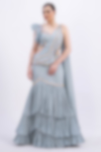 Powder Blue Chiffon Ruffled Fish-Cut Party Wear Saree Set by Merge Design at Pernia's Pop Up Shop