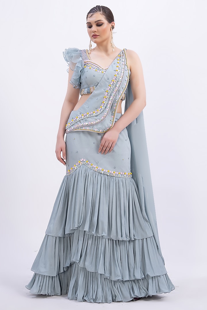 Powder Blue Chiffon Ruffled Fish-Cut Party Wear Saree Set by Merge Design at Pernia's Pop Up Shop