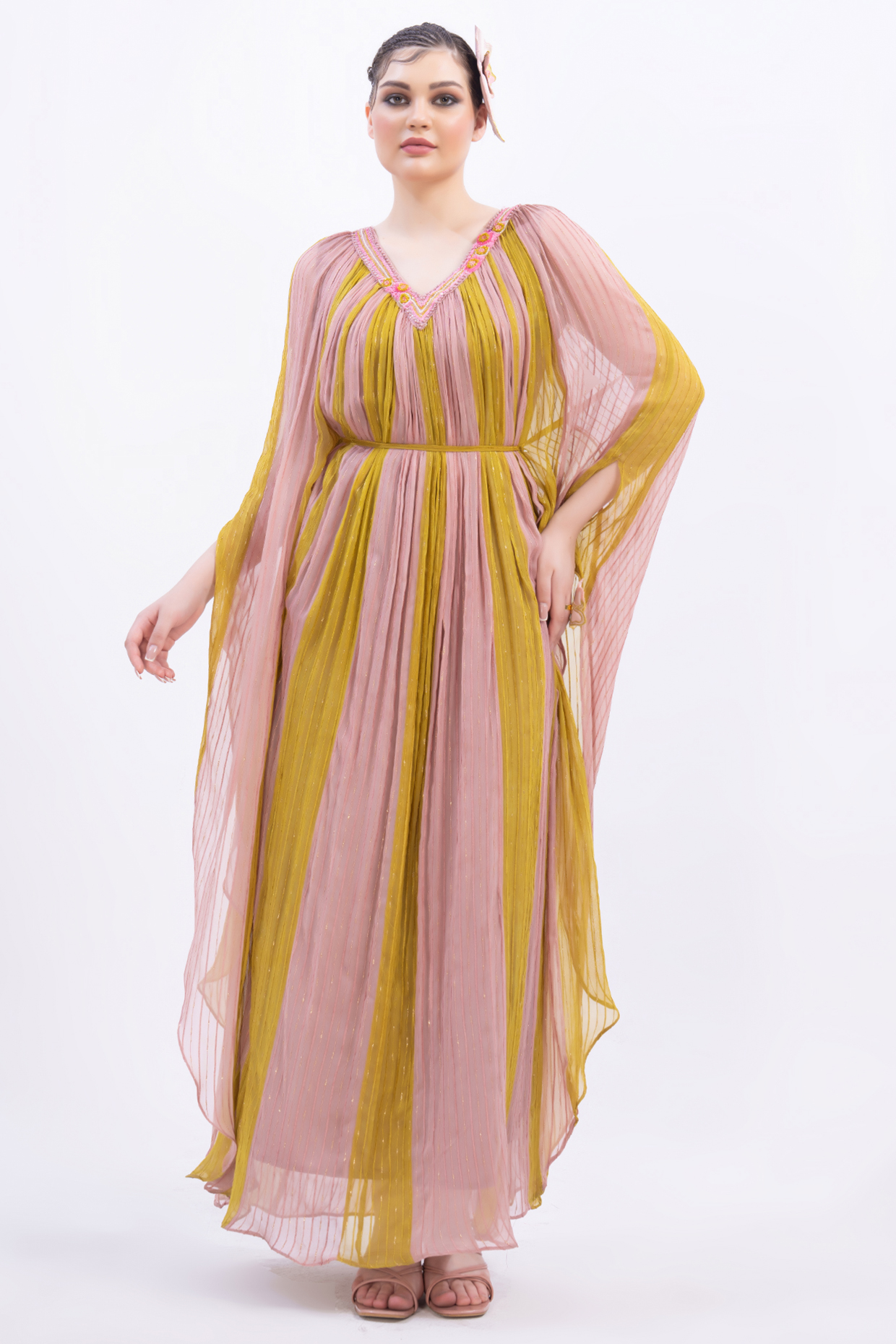 Blush Pink & Mustard Georgette Color Blocked Kaftan With Inner by Merge Design at Pernia's Pop Up Shop