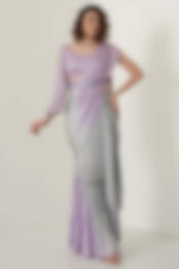 Lavender Modal Satin Pre-Draped Saree Set by Merge Design