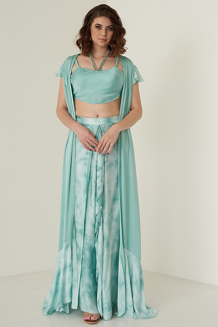 Aqua Blue Pure Satin Skirt Set With Shrug by Merge Design