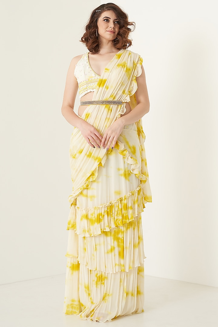Yellow Chiffon Pre-Draped Saree Set by Merge Design