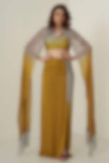 Mustard & Yellow Modal Satin Skirt Set With Shrug by Merge Design