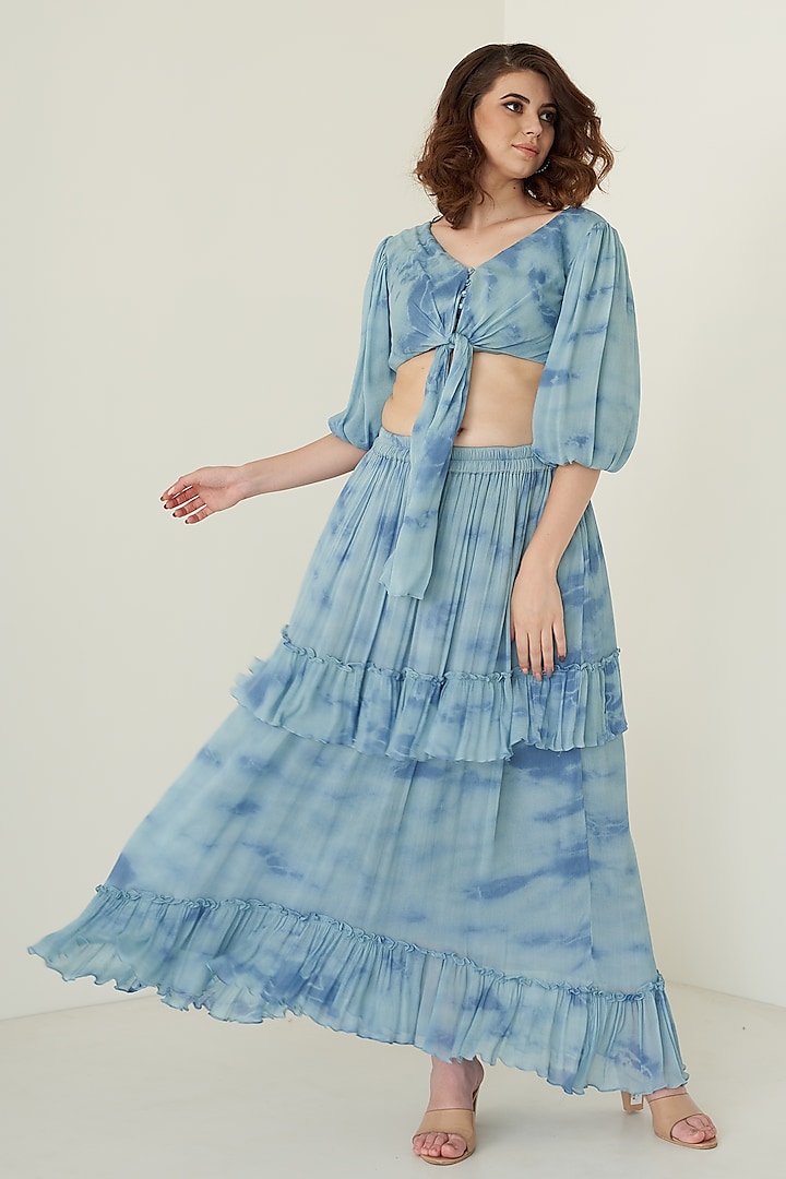 Blue Chiffon Skirt Set by Merge Design