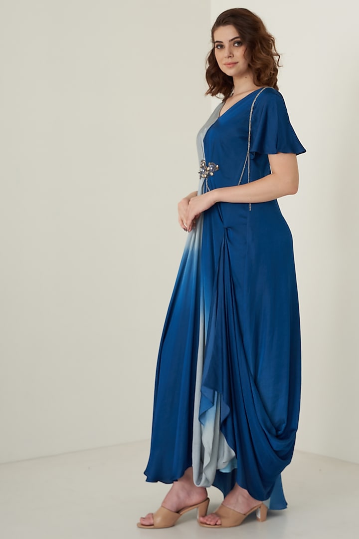 Navy Blue & Grey Modal Satin Dress by Merge Design