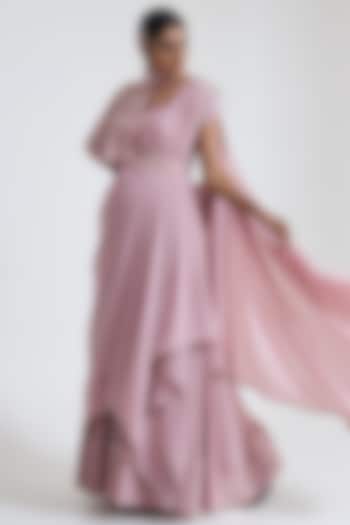 Pink Moss Crepe Pre-Draped Saree Set  by Merge Design