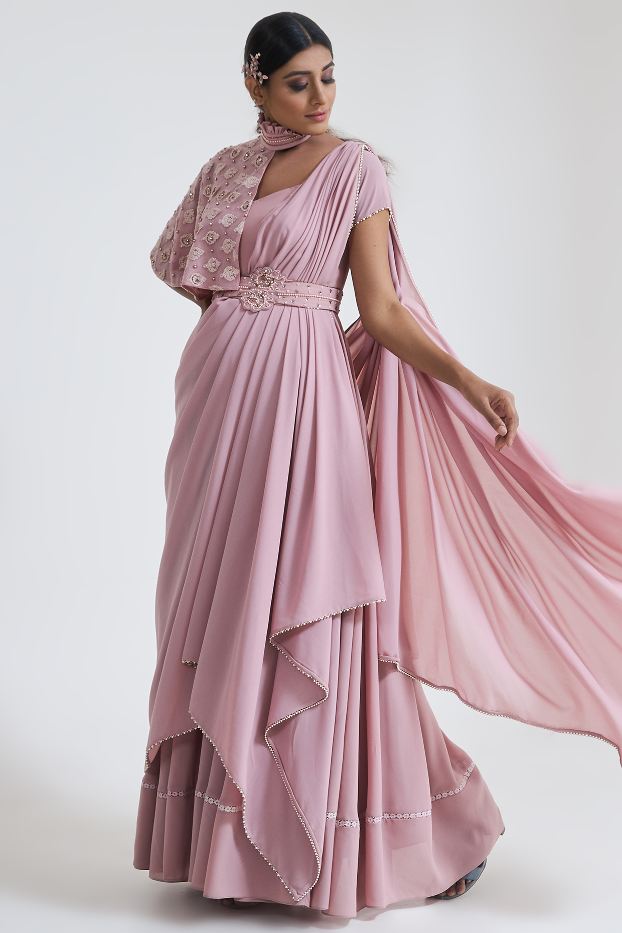 Pink Moss Crepe Pre-Draped Party Wear Saree Set  by Merge Design at Pernia's Pop Up Shop