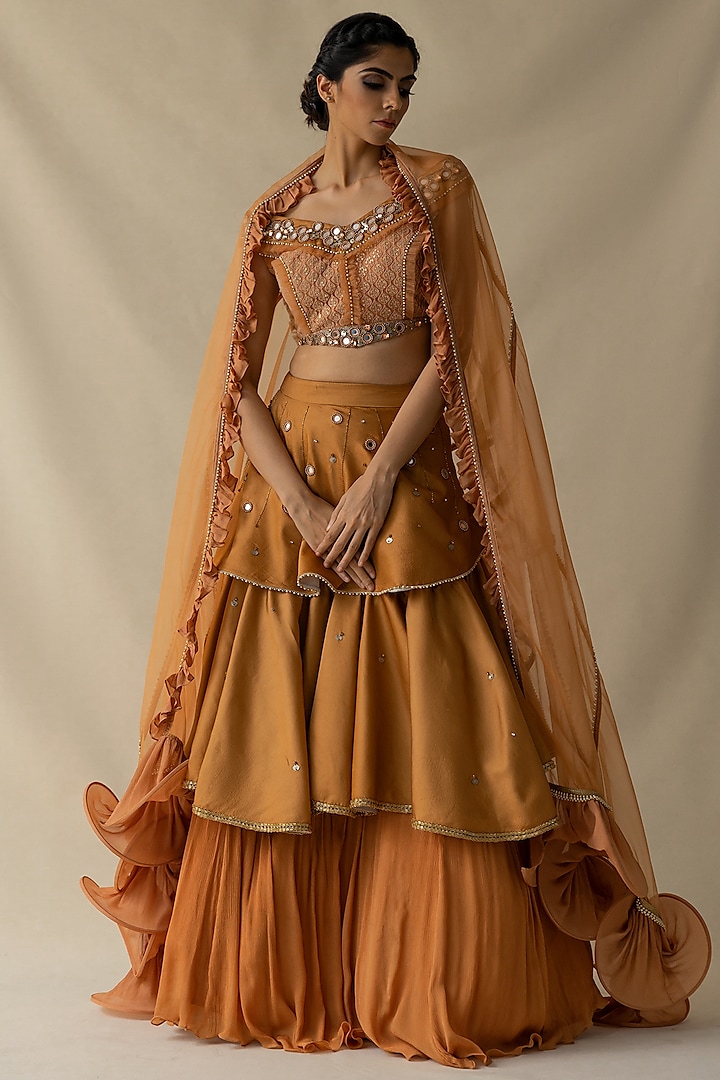 Rust Chiffon Lehenga Set by Merge Design