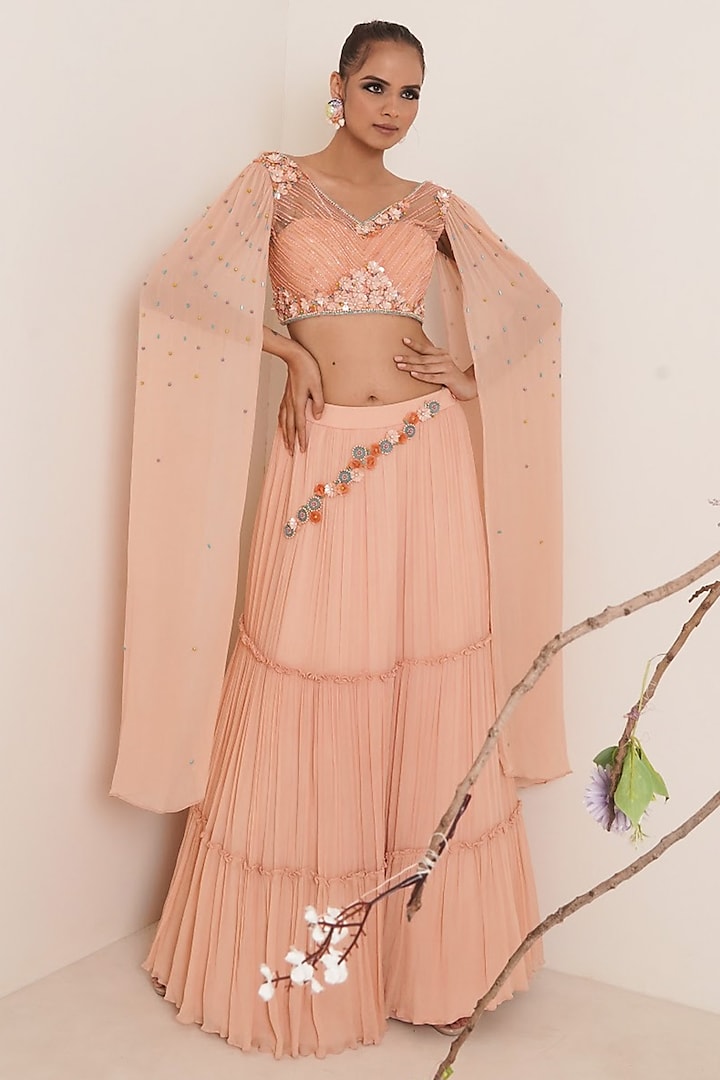 Peach Chiffon Embroidered Wedding Lehenga Set by Merge Design at Pernia's Pop Up Shop