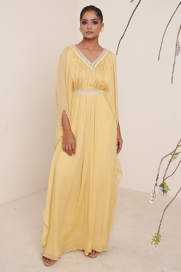 Yellow Embroidered Kaftan With Belt by Merge Design