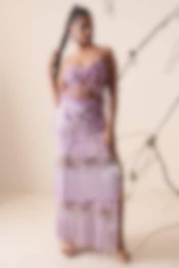 Lavender Net Embroidered Skirt Set by Merge Design