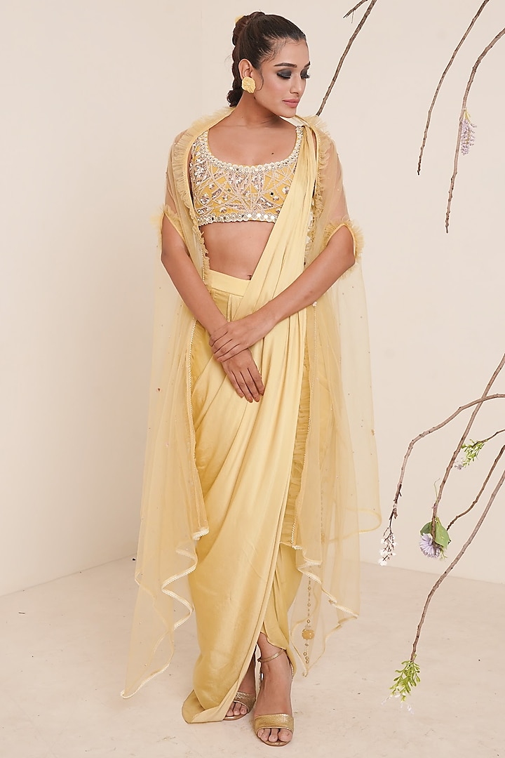Yellow Modal Satin Cutdana Embroidered Pre-Draped Saree Set by Merge Design