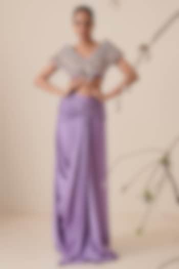 Lavender Modal Satin Embroidered Pre-Draped Saree Set by Merge Design