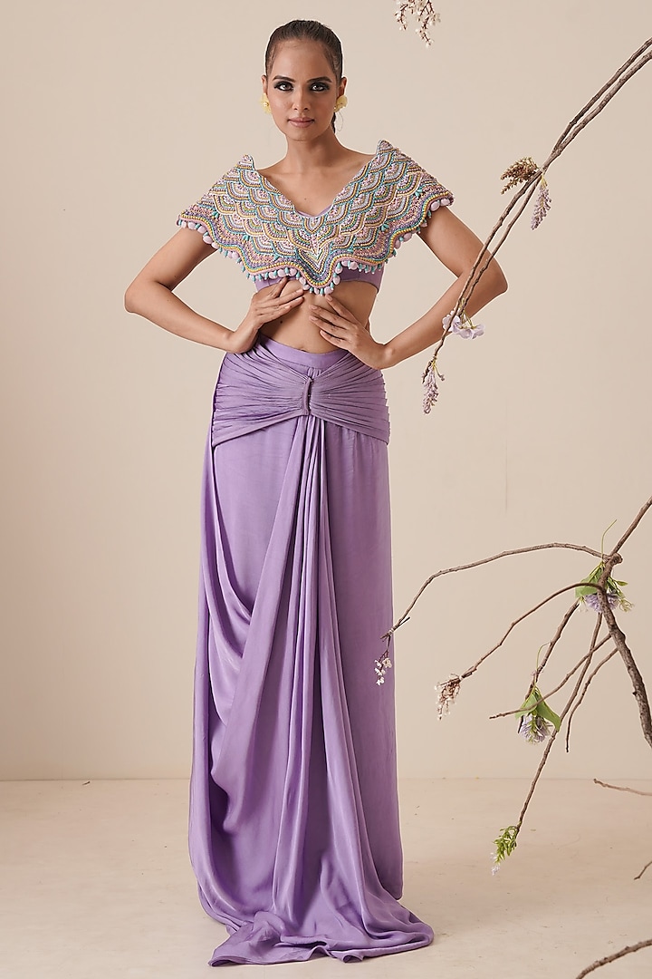 Lavender Modal Satin Embroidered Pre-Draped Saree Set by Merge Design
