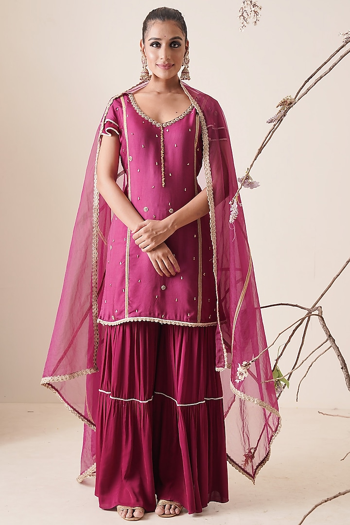 Wine Embroidered Sharara Set by Merge Design