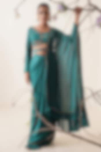 Teal Embroidered Pre-Draped Saree Set by Merge Design
