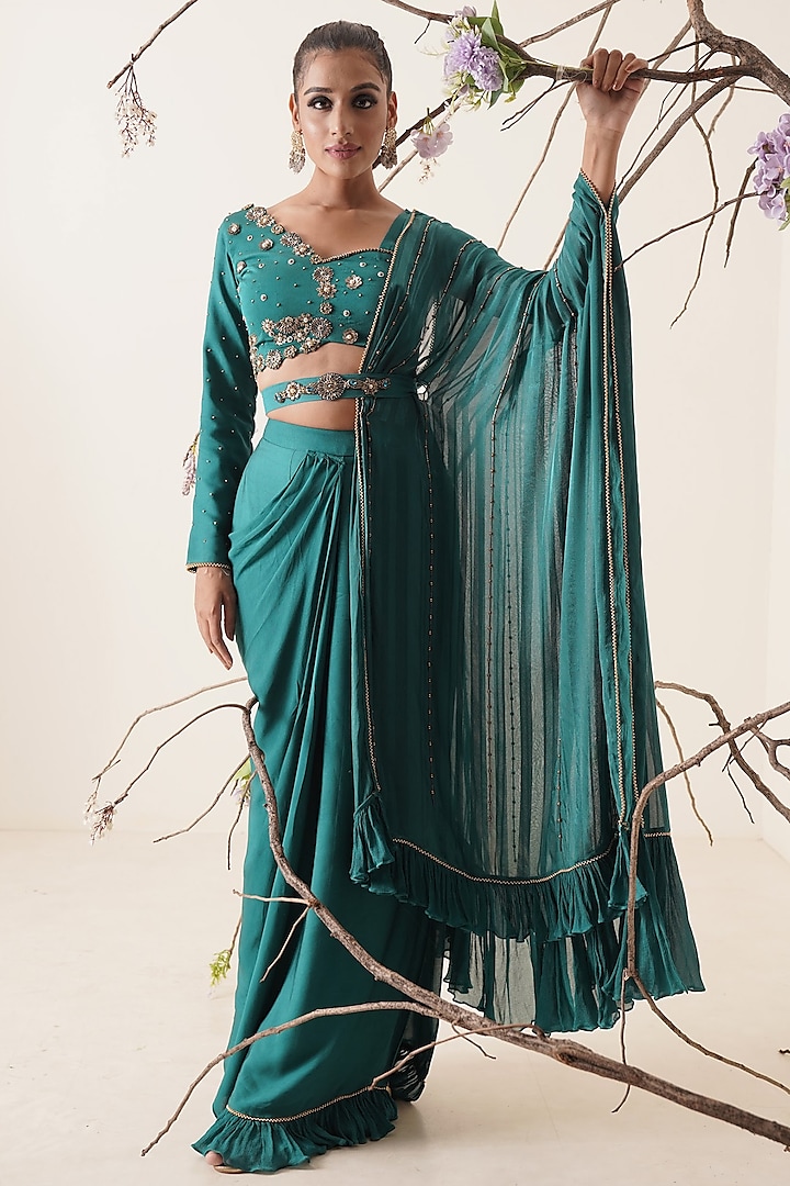 Teal Embroidered Pre-Draped Saree Set by Merge Design