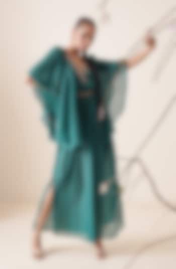 Teal Chiffon Embroidered Kaftan by Merge Design