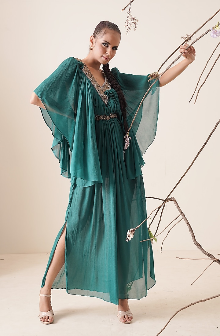 Teal Chiffon Embroidered Kaftan by Merge Design