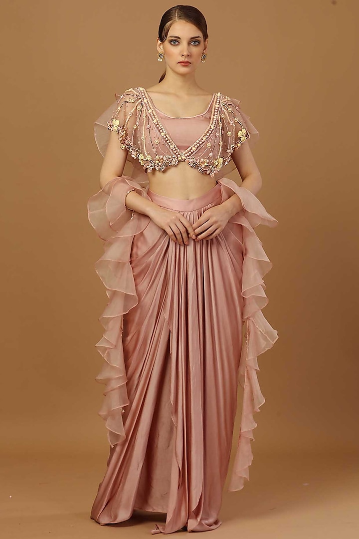 Blush Pink Modal Satin Draped Skirt Set by Merge Design at Pernia's Pop Up Shop