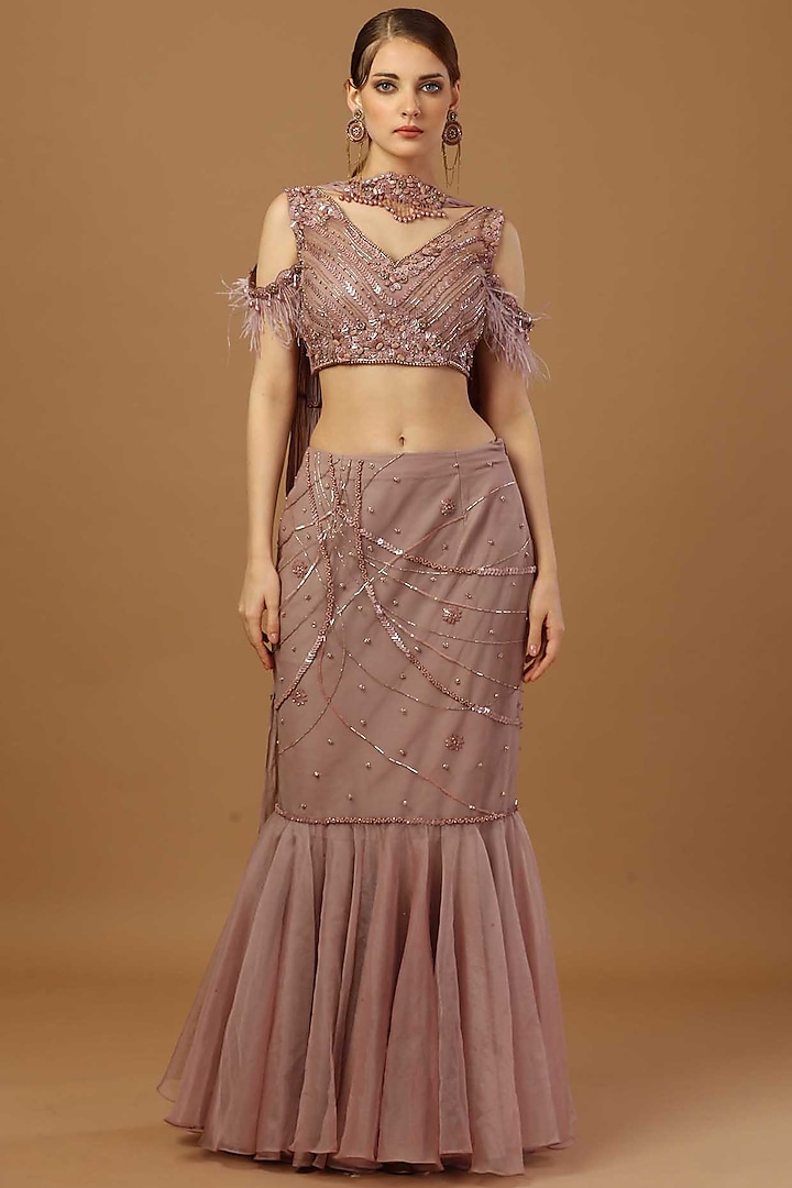 Dusty Rose Organza & Net Stone Work Skirt Set  by Merge Design at Pernia's Pop Up Shop