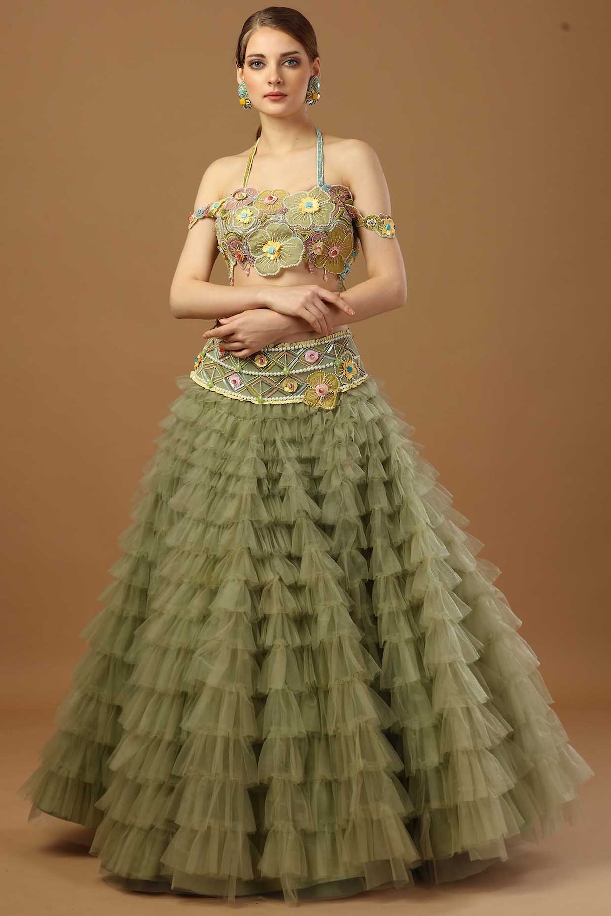 Sage Green Net Frilled Skirt Set by Merge Design at Pernia's Pop