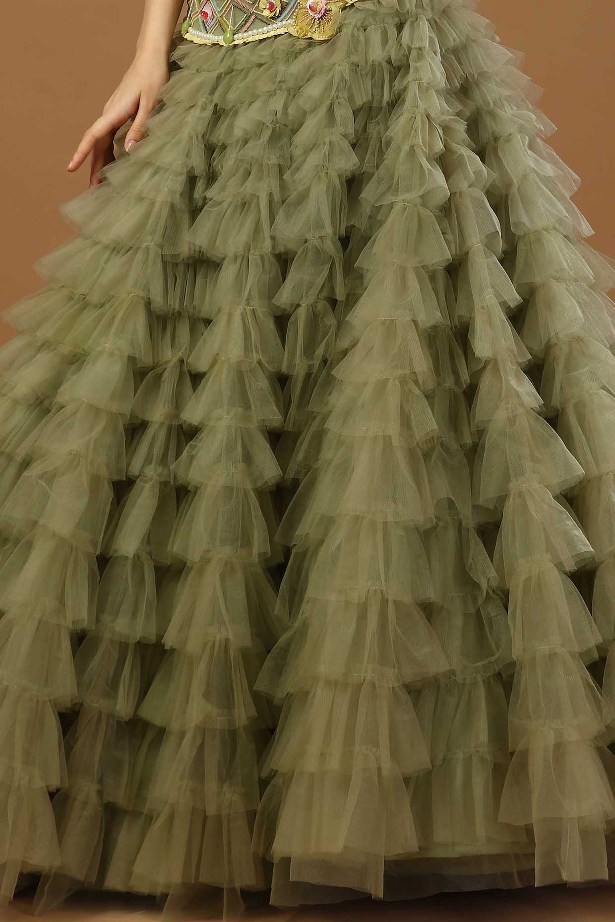 Sage Green Net Frilled Skirt Set by Merge Design at Pernia's