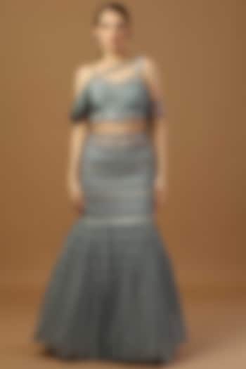 Smoke Blue Georgette Cutdana Work Fish-Cut Skirt Set by Merge Design at Pernia's Pop Up Shop