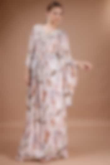 Peach Printed Chiffon Floral Printed & Shells Embroidered Kaftan by Merge Design at Pernia's Pop Up Shop