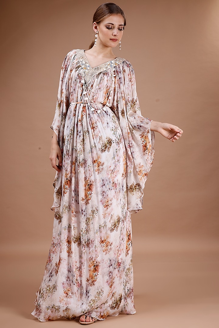 Peach Printed Chiffon Floral Printed & Shells Embroidered Kaftan by Merge Design at Pernia's Pop Up Shop
