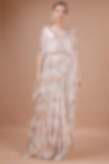 Peach Satin Floral Printed Striped & Shells Embroidered Kaftan by Merge Design at Pernia's Pop Up Shop