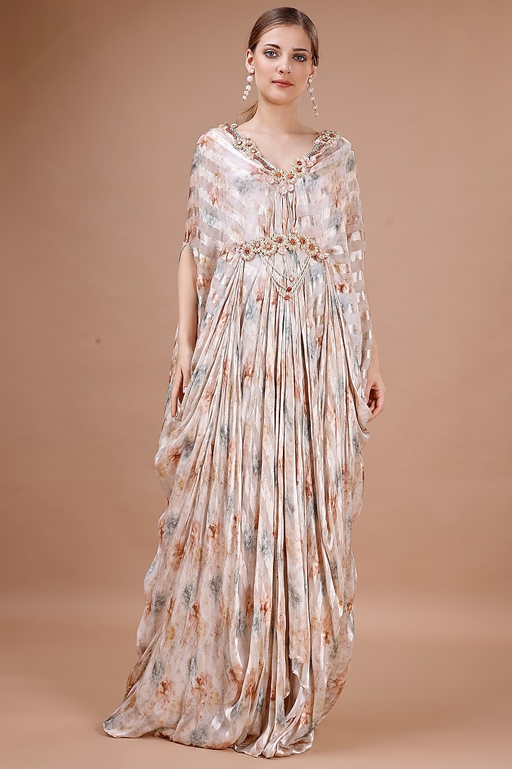 Peach Satin Floral Printed Striped & Shells Embroidered Kaftan by Merge Design at Pernia's Pop Up Shop