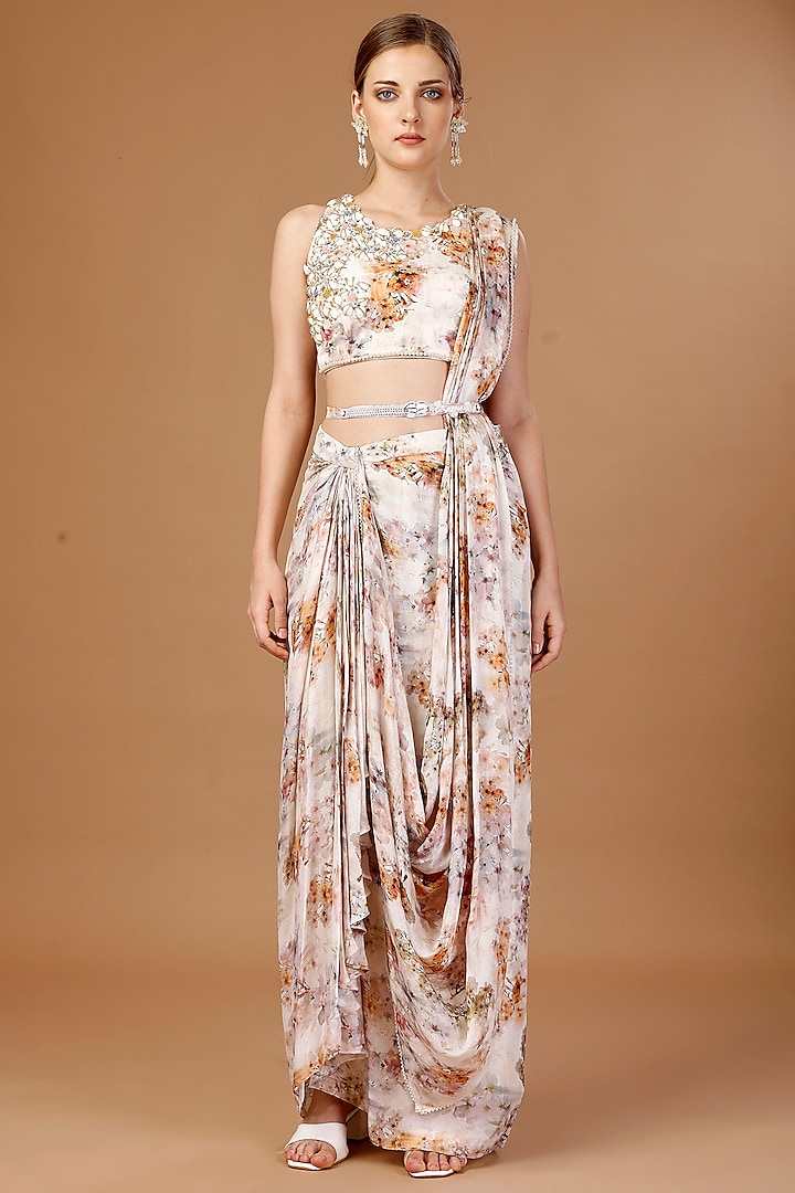 Peach Crepe Printed Draped Skirt Party Wear Saree Set by Merge Design at Pernia's Pop Up Shop