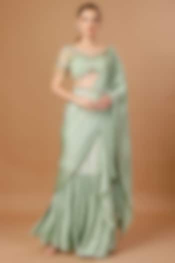 Green Modal Satin Pre-Draped Party Wear Saree Set by Merge Design at Pernia's Pop Up Shop