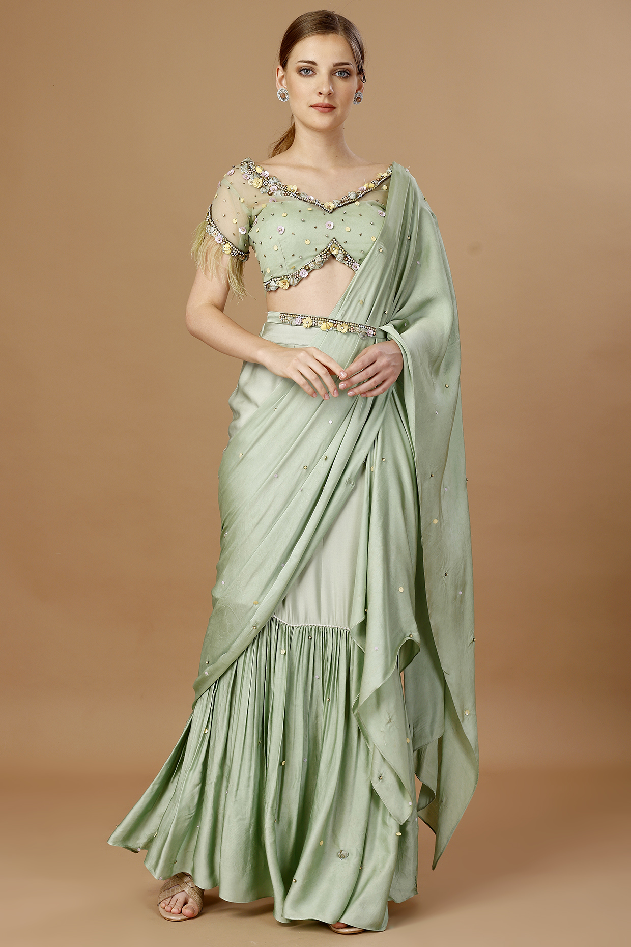 Green Modal Satin Pre-Draped Party Wear Saree Set by Merge Design at Pernia's Pop Up Shop