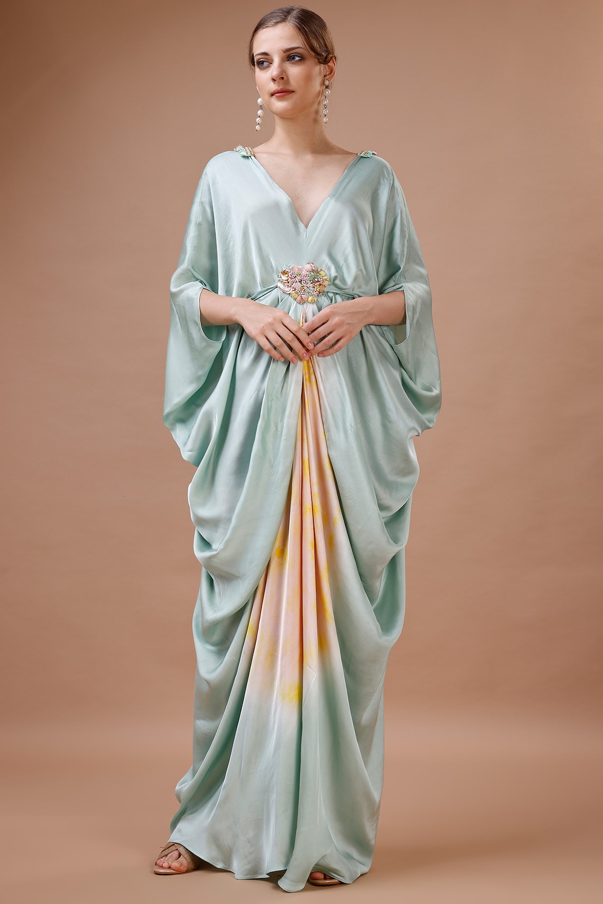 Green & Peach Modal Satin Tie-Dye Printed & Patch Work Kaftan